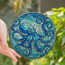 Ocean Lovers' Full Frame Stained Glass Octopus Deep Blue Teal Jewel Tone Underwater Mosaic Art Stained Glass Suncatcher