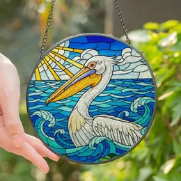 Coastal Enthusiasts' Vibrant White Pelican Stained Glass Art Ocean Mosaic Blue Teal Yellow Sun Stained Glass Suncatcher