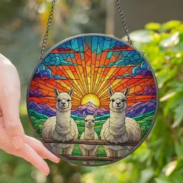 Alpaca Lovers' Radiant Stained Glass Alpacas Sunset Teal Green Purple Mountain Art Stained Glass Suncatcher