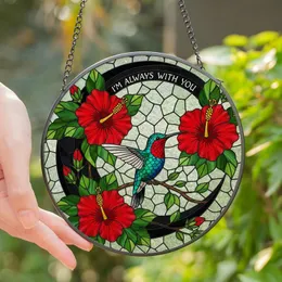Art Lovers' Vibrant Stained Glass Hummingbird Red Hibiscus Crescent Moon Inscription Mosaic Stained Glass Suncatcher