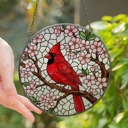 Art Admirers' Vibrant Red Cardinal Pink Cherry Blossom Tiffany Glass Mosaic Pattern Stained Glass Suncatcher