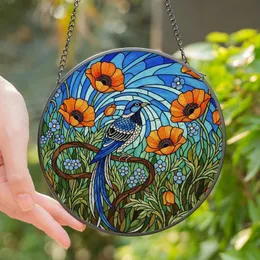 Nature Lovers' Intricate Stained Glass Blue Bird Orange Poppy Wildflower Mosaic Stained Glass Suncatcher