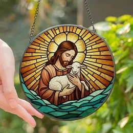 Devotional Art Admirers Tiffany Stained Glass Jesus Lamb Embrace, Golden Halo Teal Aqua Green Radiant Ray Mosaic Stained Glass Suncatcher