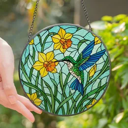 Nature Lovers' Vibrant Tiffany Stained Glass Emerald Hummingbird Yellow Daffodil Mosaic Art Stained Glass Suncatcher