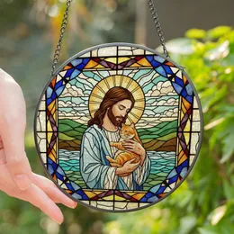 Devotional Art Admirers' Tiffany Style Stained Glass Jesus Embracing Orange Tabby Cat Golden Halo Intricate Mosaic Landscape Stained Glass Suncatcher