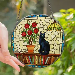 Cat Lovers' Tiffany Stained Glass Black Cat Bookshelf Vibrant Jewel Tone Mosaic Stained Glass Suncatcher