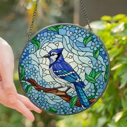 Nature Lovers' Detailed Tiffany Stained Glass Blue Jay Sapphire Blue Emerald Green Floral Sky Mosaic Stained Glass Suncatcher