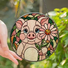 Whimsical Pig Lovers Tiffany Style Stained Glass Pig & Daisy Flower Jewel Tone Mosaic Stained Glass Suncatcher