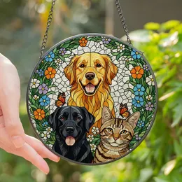 Pet Lovers' Vibrant Stained Glass Trio: Golden Retriever, Black Labrador, Tabby Cat, Botanical Wreath, Jewel Tones Mosaic Stained Glass Suncatcher