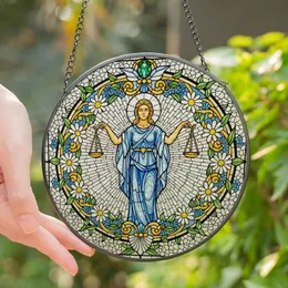 Art Lovers' Tiffany Style Stained Glass Lady Justice Floral Mosaic Golden Scales Jewel Tones Stained Glass Suncatcher