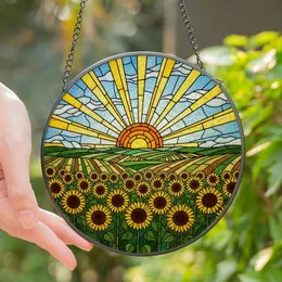 Nature Lovers' Stained Glass Tiffany Sunflowers Radiant Sun Landscape Mosaic Jewel Tones Stained Glass Suncatcher