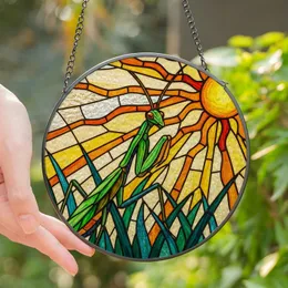 Nature Enthusiast's Intricate Praying Mantis Tiffany Style Jewel Tone Sun Mosaic Art Stained Glass Suncatcher