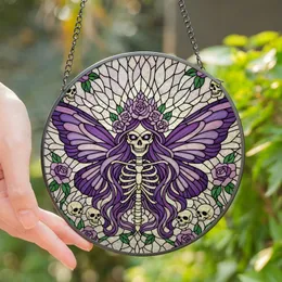 Gothic Art Enthusiasts' Tiffany Glass Skeletal Fairy, Violet Rose & Skull Mosaic Art Stained Glass Suncatcher