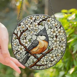 Nature Lovers' Intricate Stained Glass Tufted Titmouse Blossom Tiffany Mosaic Stained Glass Suncatcher