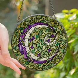 Women's Vibrant Amethyst Violet Green Tiffany Style Stained Glass Crescent Moon Botanical Vines Stained Glass Suncatcher