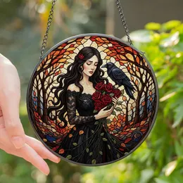 Art Lovers' Gothic Stained Glass Woman Rose Raven Intricate Tiffany Forest Jewel Tones Stained Glass Suncatcher