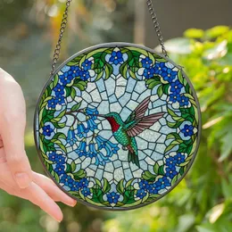 Nature Lovers' Vibrant Jewel Tone Stained Glass Hummingbird Art, Intricate Blue Floral Mosaic Pattern, Edge-to-Edge Tiffany Style Stained Glass Suncatcher