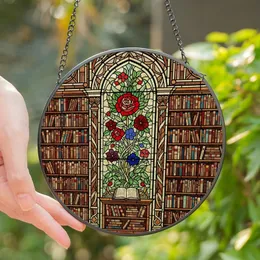 Book Lovers' Ornate Stained Glass Grand Library Rose Bookshelves Jewel Tone Design Stained Glass Suncatcher