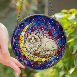 Cat Lovers' Intricate Tiffany Stained Glass Ragdoll Cat Crescent Moon Cosmic Jewel Tones Stained Glass Suncatcher