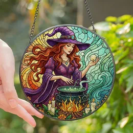 Fantasy Art Lovers' Tiffany Style Witch Ritual Purple Gown Auburn Hair Fiery Cauldron Jewel Tone Mystical Mosaic Stained Glass Suncatcher