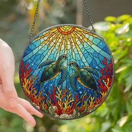 Ocean Enthusiasts' Tiffany Stained Glass Sea Turtle Coral Ocean Mosaic Jewel Tones Art Stained Glass Suncatcher