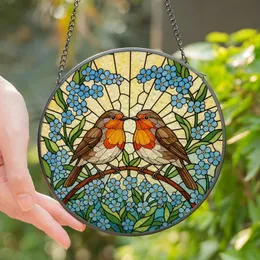 Romantic Nature Lovers' Vibrant Orange Robin Blue Forget-Me-Not Stained Glass Floral Stained Glass Suncatcher