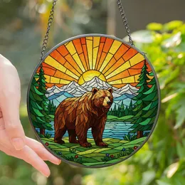 Nature Lovers' Majestic Grizzly Bear Tiffany Stained Glass Forest Mountain Sunset Mosaic Stained Glass Suncatcher