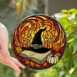 Witchy Aesthetic Fans' Glowing Jewel Tone Stained Glass Witch Hat Spellbook Autumn Foliage Mosaic Stained Glass Suncatcher