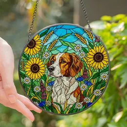 Brittany Spaniel Lovers' Tiffany Stained Glass Dog Art: Sunflowers, Jewel Tones, Green Foliage Stained Glass Suncatcher