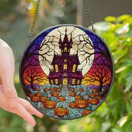 Halloween Art Enthusiasts' Tiffany Stained Glass Haunted Mansion Luminous Moon Jewel Tones Stained Glass Suncatcher