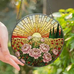 Art Lovers' Tiffany Style Jewel Tone Pink Peony Wildflower Sunset Mosaic Art Stained Glass Suncatcher