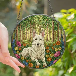 Nature Art Lovers' Tiffany Stained Glass White German Shepherd Wildflower Forest Mosaic, Vibrant Jewel Tones Stained Glass Suncatcher