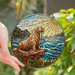 Nature Lovers' Majestic Walrus Tiffany Stained Glass Ocean Mosaic Jewel-Toned Blues Teals Golden Orange Stained Glass Suncatcher