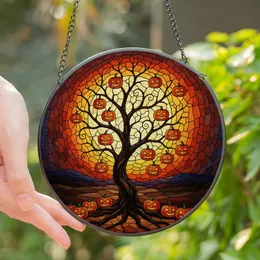 Halloween Art Lovers' Tiffany Style Stained Glass Jack-o'-Lantern Tree Vivid Jewel Tones Stained Glass Suncatcher
