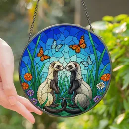 Ferrets Lovers' Vibrant Jewel Tone Stained Glass Ferrets Butterfly Flora Mosaic Stained Glass Suncatcher