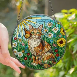 Cat Lovers' Intricate Tiffany Stained Glass Calico Cat Wildflower Meadow Jewel Tone Butterfly Art Stained Glass Suncatcher