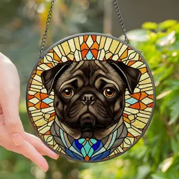 Pug Lovers' Vibrant Tiffany Stained Glass Black Pug Portrait with Jewel Tone Geometric Mosaic Halo Stained Glass Suncatcher