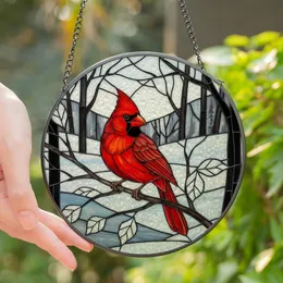 Nature Lovers' Stained Glass Fiery Red Cardinal Bird Tiffany Style Winter Landscape Mosaic Intricate Jewel Tones Stained Glass Suncatcher