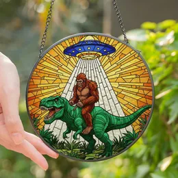 Fantasy Adventure Seekers' Radiant Jewel Tone Bigfoot T-Rex UFO Stained Glass Art Stained Glass Suncatcher