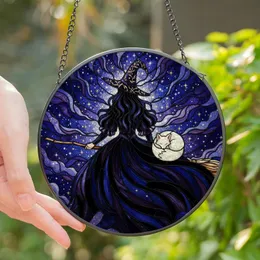 Fantasy Art Lovers' Tiffany Stained Glass Witch & Fox Mystical Night Sky Jewel Tone Design Stained Glass Suncatcher