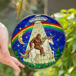 Mythical Creature & Sci-Fi Fans' Tiffany Style Stained Glass Bigfoot Unicorn UFO Deep Blue Emerald Green Rainbow Arc Stained Glass Suncatcher
