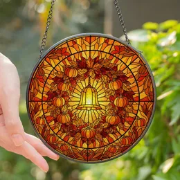 Autumn Art Lovers' Tiffany Stained Glass Autumn Wreath Fiery Orange Gold Red Amber Foliage Mosaic Stained Glass Suncatcher