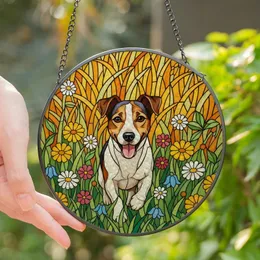 Jack Russell Terrier Owners' Vibrant Tiffany Stained Glass Jack Russell Wildflower Mosaic Art Yellow Orange Green Stained Glass Suncatcher