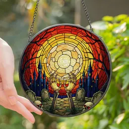 Gothic Art Fans' Jewel Tone Stained Glass Skeletal Hands Full Moon Castle Mosaic Stained Glass Suncatcher