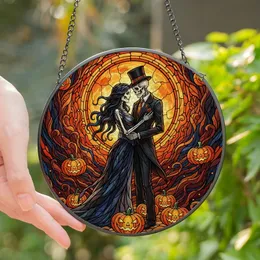 Gothic Art Lovers' Stained Glass Skeletal Couple & Jack-O'-Lanterns Mosaic with Orange, Amber, Blue Tones Stained Glass Suncatcher