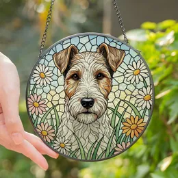 Dog Lovers' Wire Fox Terrier Stained Glass Wildflower Sky Mosaic Jewel Tones Art Stained Glass Suncatcher