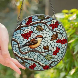 Nature Lovers' Jewel-Toned Stained Glass Winter Bird & Red Berries Mosaic Art Stained Glass Suncatcher