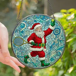 Christmas Tennis Fans' Dynamic Running Santa Stained Glass Ruby Red Emerald Green Tennis Art Geometric Mosaic Tiffany Style Stained Glass Suncatcher