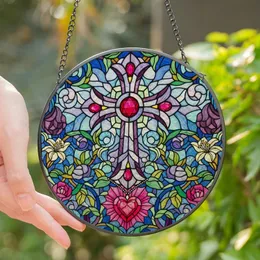 Faith-Inspired Tiffany Stained Glass Christian Cross Ruby Gem Fuchsia Heart Floral Mosaic Pattern Stained Glass Suncatcher