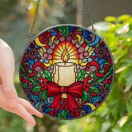 Holiday Enthusiasts' Tiffany Stained Glass Candle Red Bow Berries Intricate Festive Mosaic Stained Glass Suncatcher
